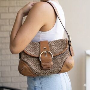 Coach F06818 Small Vintage Soho British Tan Leather & Signature C Canvas Bag Y2K
